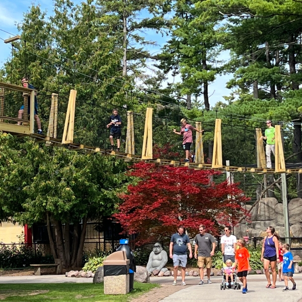 Four people walk across canopy tour bridge while group of zoo guests on ground look up at them