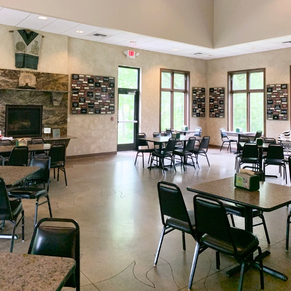 Mayan restaurant dining room with tables and chairs