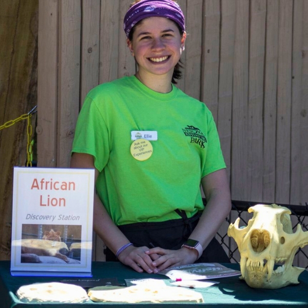 Smiling intern stands in front of Discovery Station display