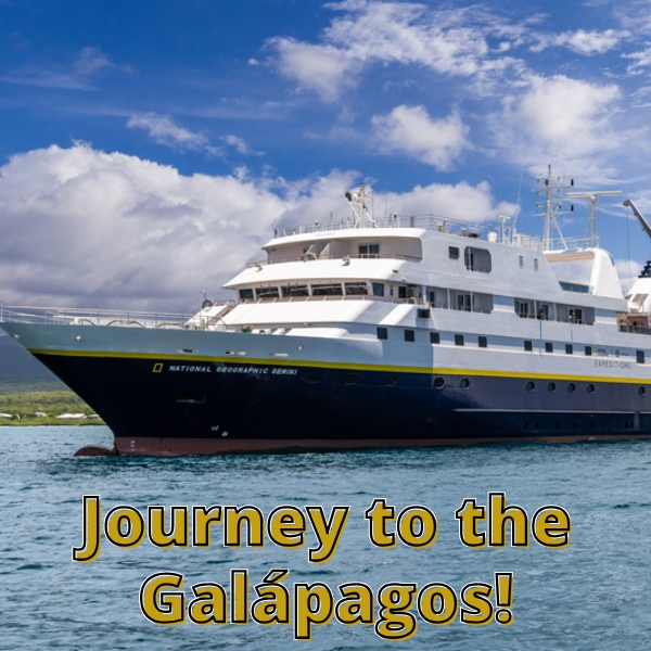 A cruise ship on water with the text overlay, "Journey to the Galapagos!"
