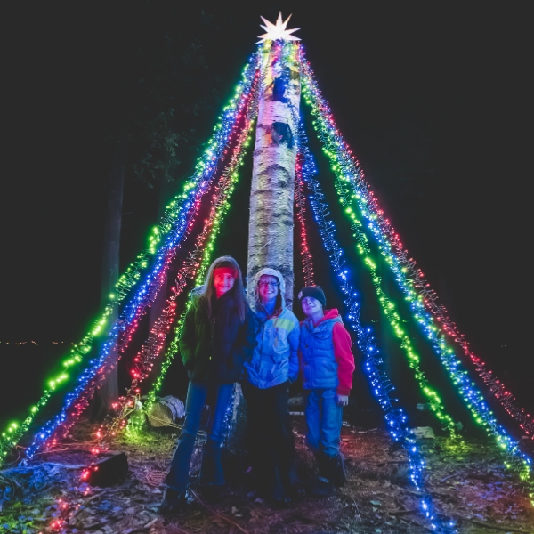 Three children stand below a festively-light holiday tree made from strings of lights.